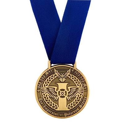 Weathered die-struck custom medal by Cooper Review, featuring detailed engravings and a textured, aged finish.