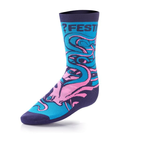 Knitted socks featuring a squid design, handmade by Cooper, showcasing colorful, detailed textile craftsmanship.