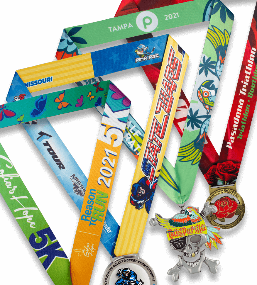 Maxwell Medals & Awards ribbons with colorful stripes, displayed on a white background, manufactured by Pinlord.com.