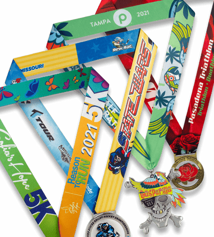 Maxwell Medals & Awards ribbons with colorful stripes, displayed on a white background, manufactured by Pinlord.com.
