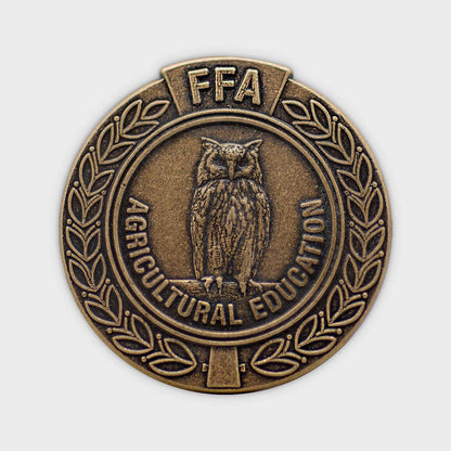 Close-up of a custom Medalcraft Mint pin featuring detailed engraving and vibrant colors, showcasing quality craftsmanship.