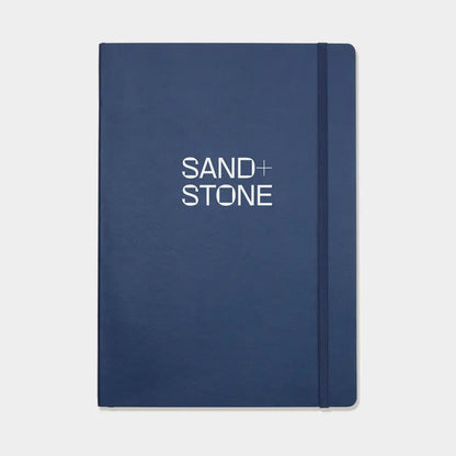 Custom notebook with "MOO Review" written on the cover, manufactured by Pinlord.com, featuring a sleek design and high-quality paper