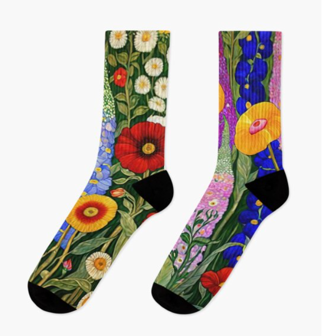 Red and white socks featuring unique Redbubble designs from Pinlord.com, showcasing vibrant colors and detailed patterns.