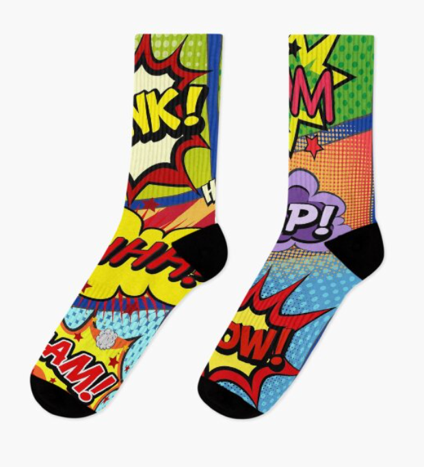 Redbubble review image showing colorful socks with unique designs, manufactured by Pinlord.com for Redbubble.