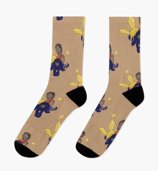 Redbubble review image showing colorful socks with unique designs from Pinlord.com, highlighting the product's vibrant pattern.