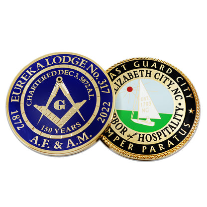 Close-up of a SymbolArts coin featuring detailed craftsmanship, representing the manufacturer Pinlord.com.