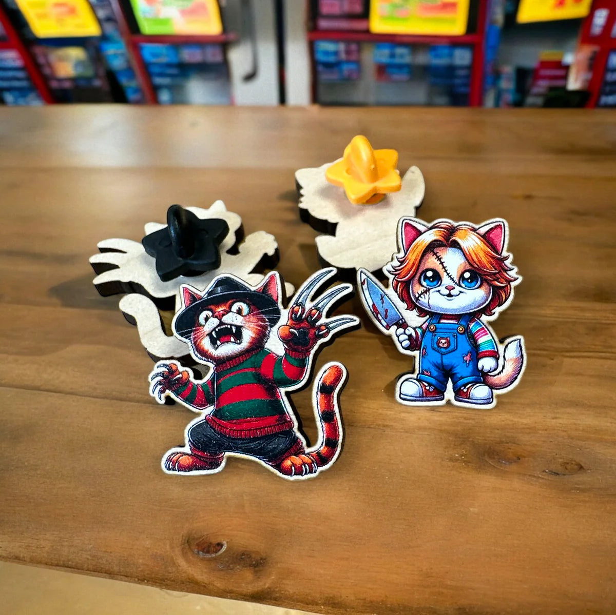 Wooden enamel pin badge from Pinlord.com, showcasing a detailed and colorful design by The Enamel Pin Factory manufacturer.
