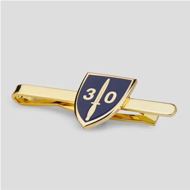 Close-up of THE/STUDIO Review tie bars from Pinlord.com, showing sleek metal design with branding details.