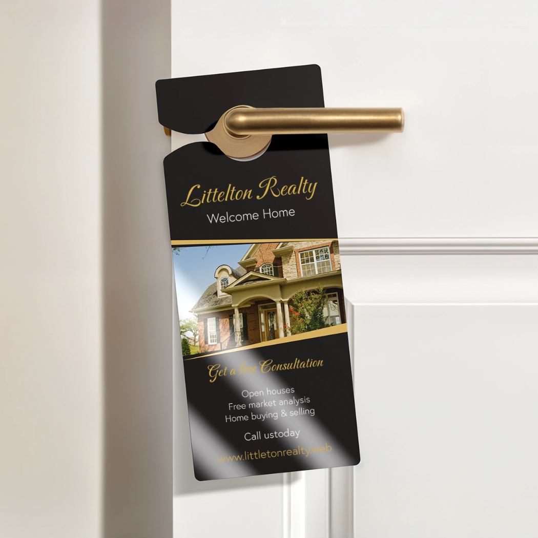 Vistaprint door hangers with Pinlord.com branding, showcasing customizable manufacturer door hanger designs on a white background.