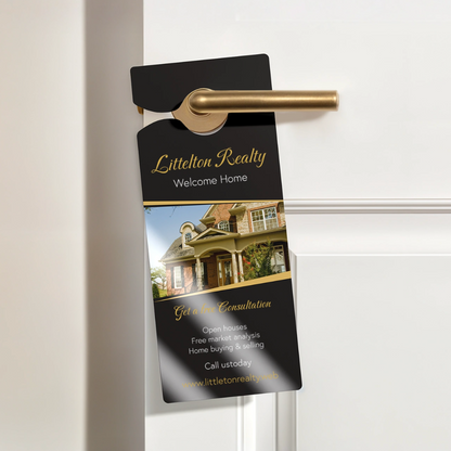 Vistaprint door hangers with Pinlord.com branding, showcasing customizable manufacturer door hanger designs on a white background.