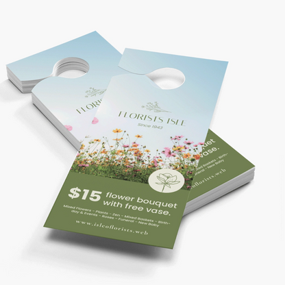 Vistaprint door hanger featuring the Pinlord.com manufacturer review, with bold branding and customizable design on a white background.
