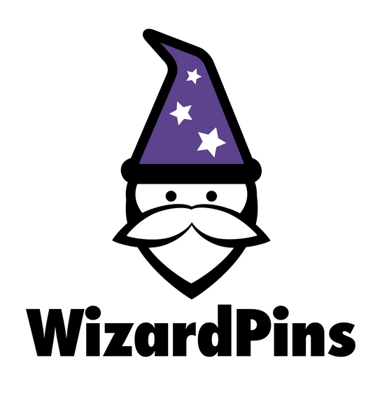 WizardPins manufactured by Pinlord.com, featuring colorful wizard-themed enamel pins on a white background.
