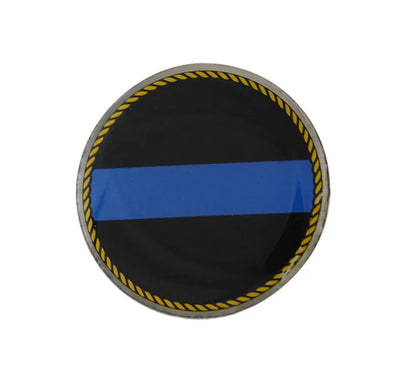 Blue line round Tac pin by Pinlord.com featuring a thin blue line design on a metal badge for law enforcement support.
