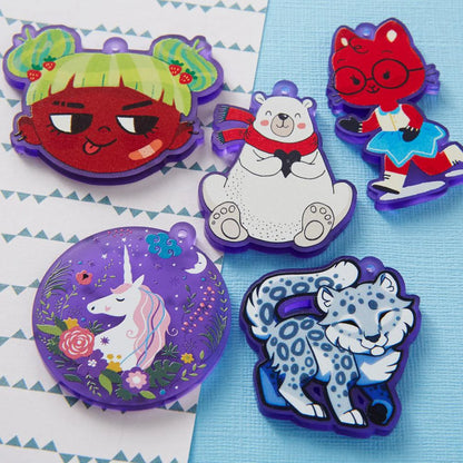 Frosted acrylic charms featuring Zap! Creatives review design by Pinlord.com, showcasing colorful, playful craft accessories.