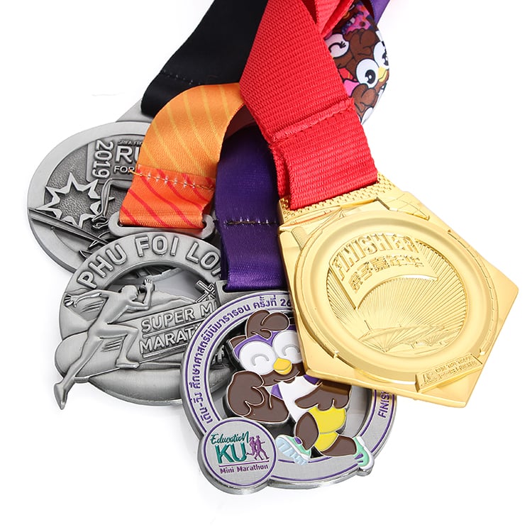 Close-up of custom medals with intricate designs, showcasing personalized award medals from Pinlord.com.