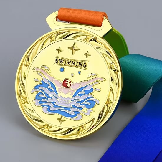 Custom medals featuring engraved designs, displayed on a wooden surface, showcasing high-quality craftsmanship by Pinlord.com.