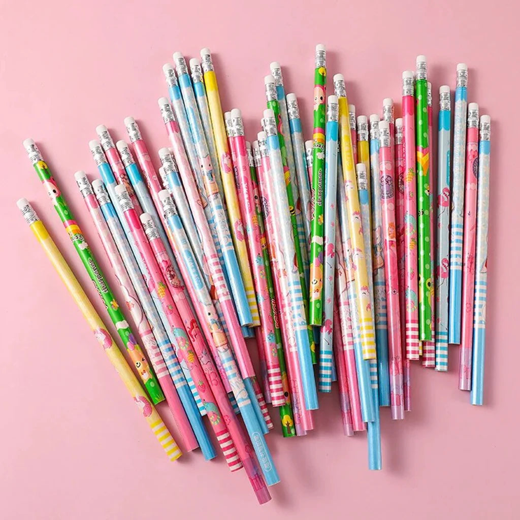 Custom pencils featuring printed designs, made by Pinlord.com, displayed with colorful pencil tips and printed patterns on the shafts.