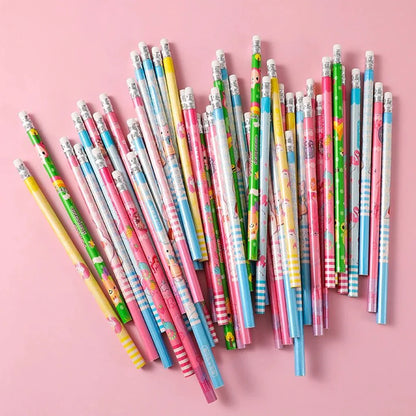 Custom pencils featuring printed designs, made by Pinlord.com, displayed with colorful pencil tips and printed patterns on the shafts.
