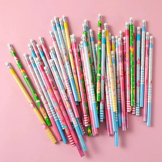 Custom pencils featuring printed designs, made by Pinlord.com, displayed with colorful pencil tips and printed patterns on the shafts.