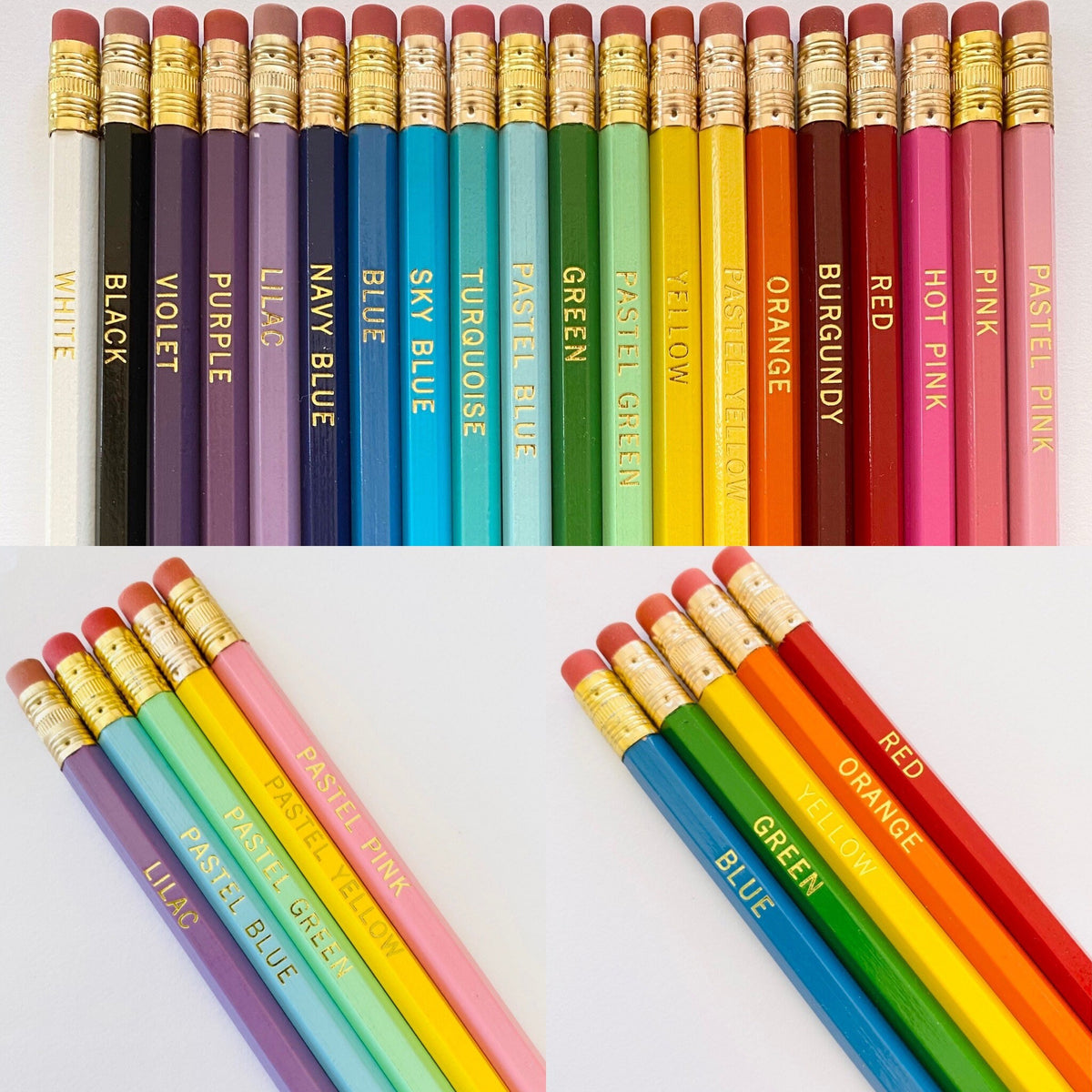 Custom pencils with colorful designs featuring the Pinlord.com brand logo and artistic patterns on wooden pencil bodies.