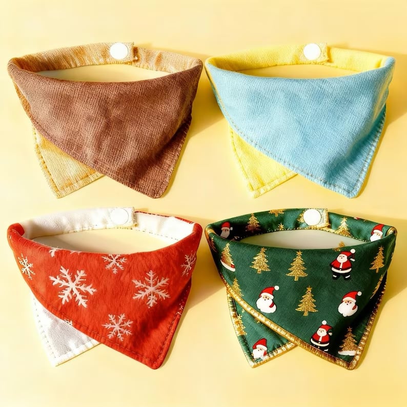 Colorful custom pet bandanas by Pinlord.com featuring playful patterns for dogs and cats.