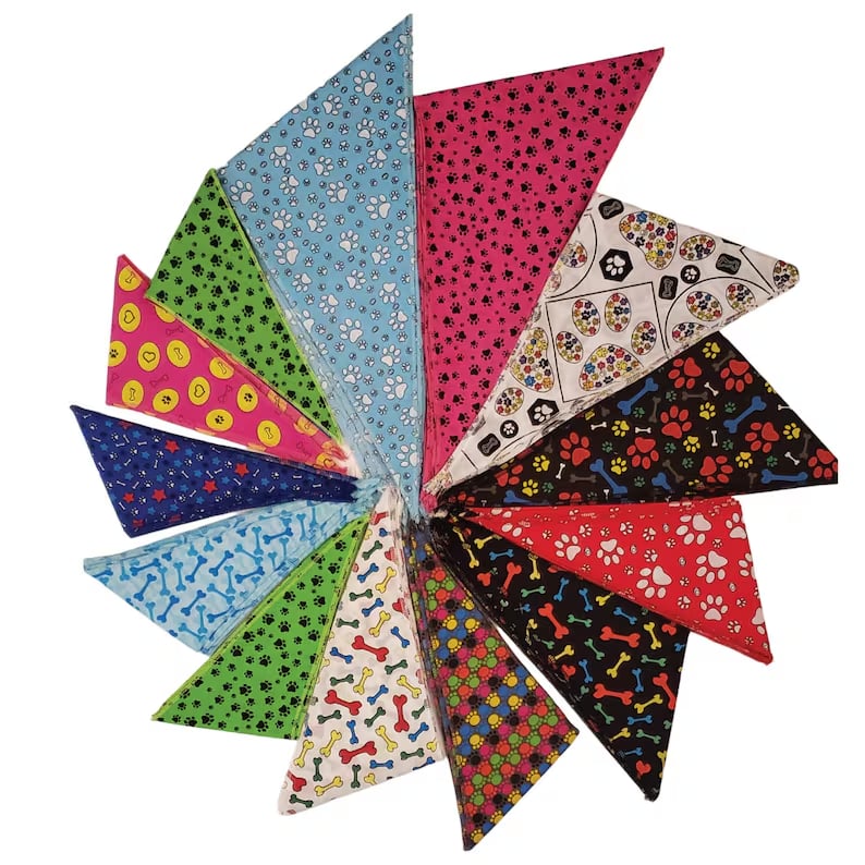 Colorful custom pet bandanas by Pinlord.com featuring playful patterns, perfect for dogs and cats.