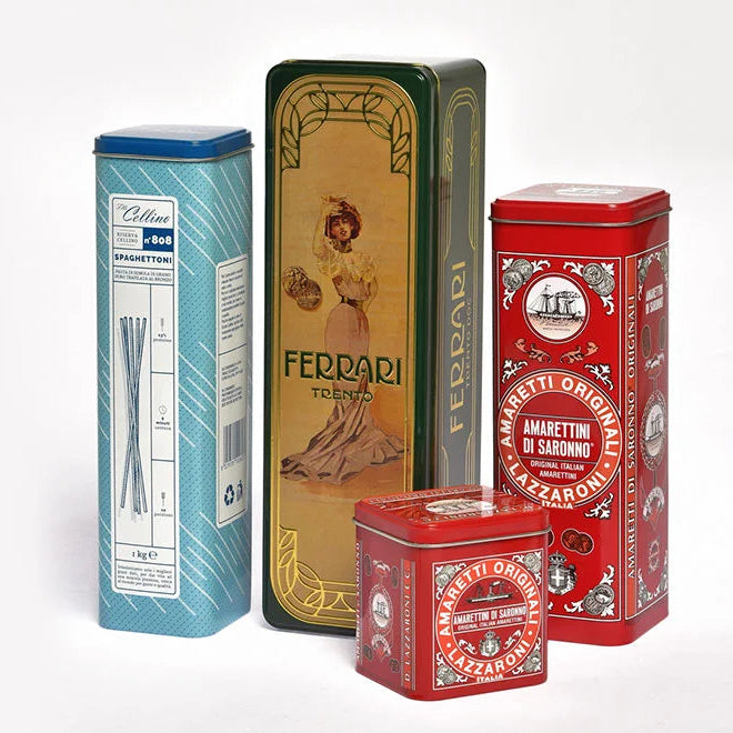 Custom printed tin cans by Pinlord.com, featuring personalized designs on durable metal containers for branding or gift purposes.
