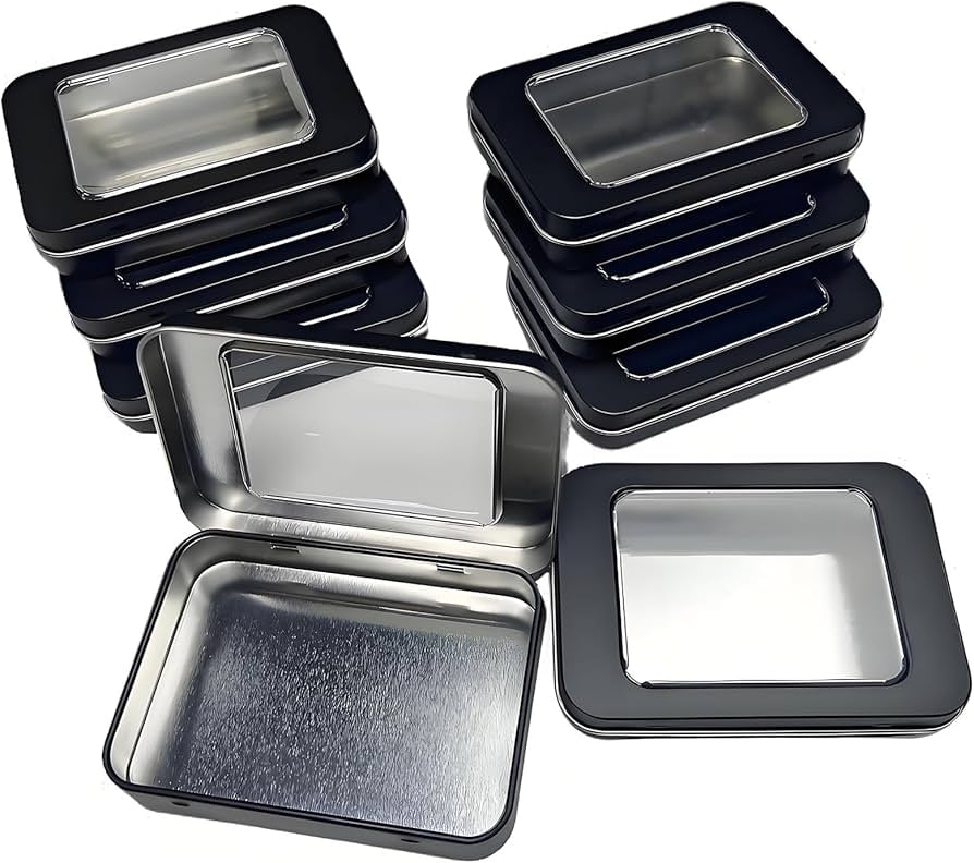 Custom tin can with free tin can design template from Pinlord.com, featuring a sleek, modern label on a silver metal can.