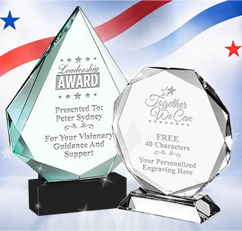 Custom trophies featuring engraved plaques and decorative designs, showcasing a variety of trophy styles for awards and recognition.