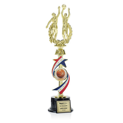 Custom trophies with engraved plaques, featuring a classic gold cup design, displayed on a wooden base by Pinlord.com.