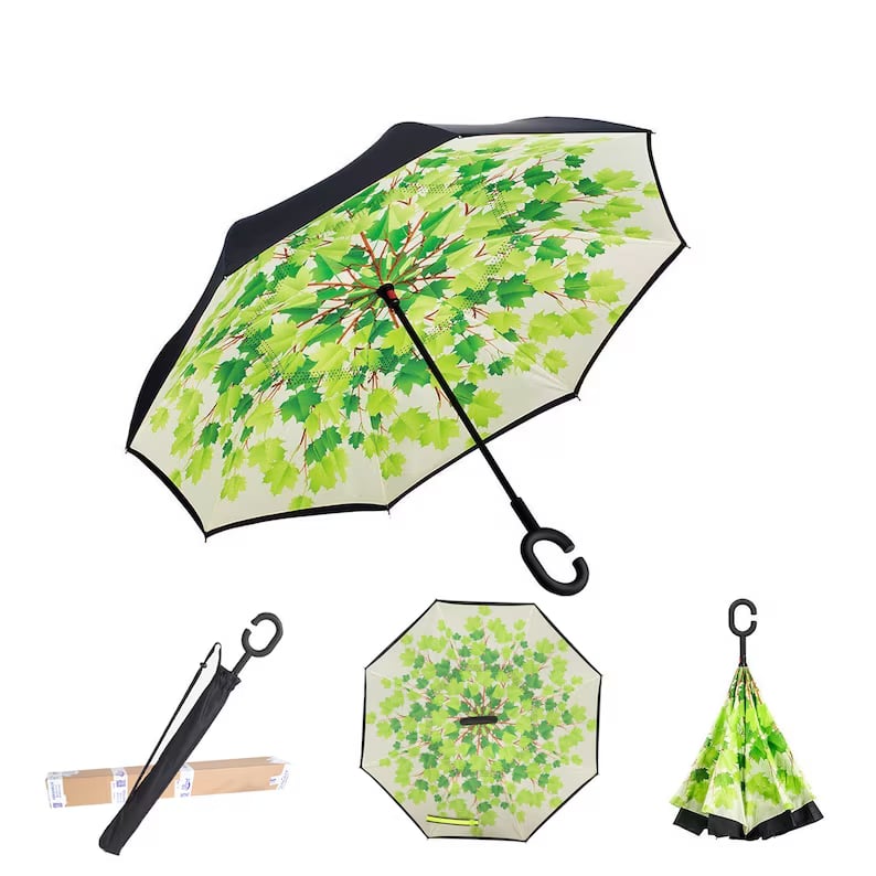 Custom Pinlord umbrella with vibrant printed design, opened to show its large canopy and sturdy handle.