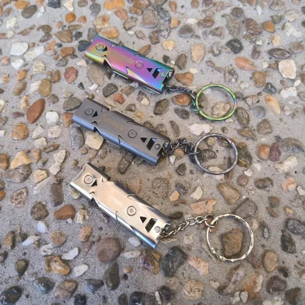 Custom Pinlord.com whistle with engraved design, metal construction, and a lanyard attachment for easy carrying.