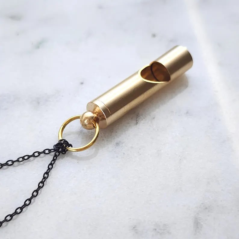 Custom Pinlord.com whistle with engraved design, made of metal, featuring a loop for keychains or lanyards.