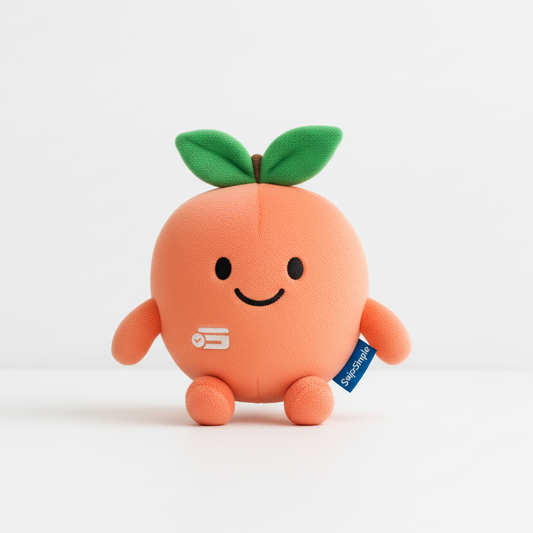 Custom plush toy featuring a peach character from SwipeSimple x Pinlord, representing a modern payment brand project.